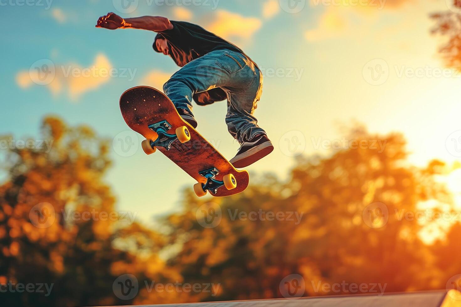 Man performing a skateboarding trick at sunset. photo