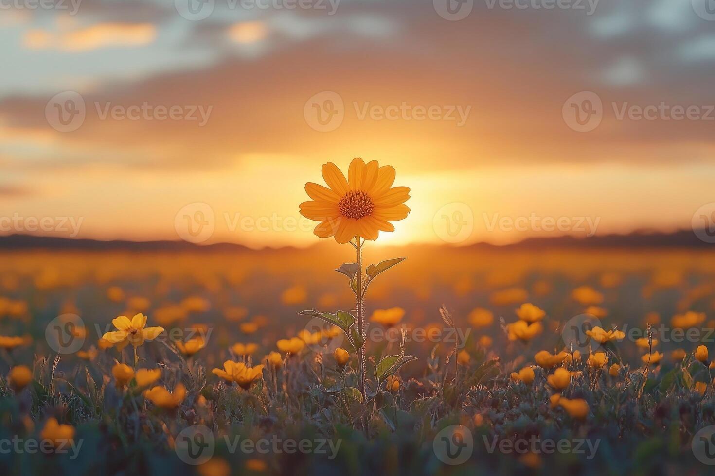 Single Sunflower Blooms At Sunset In Field photo