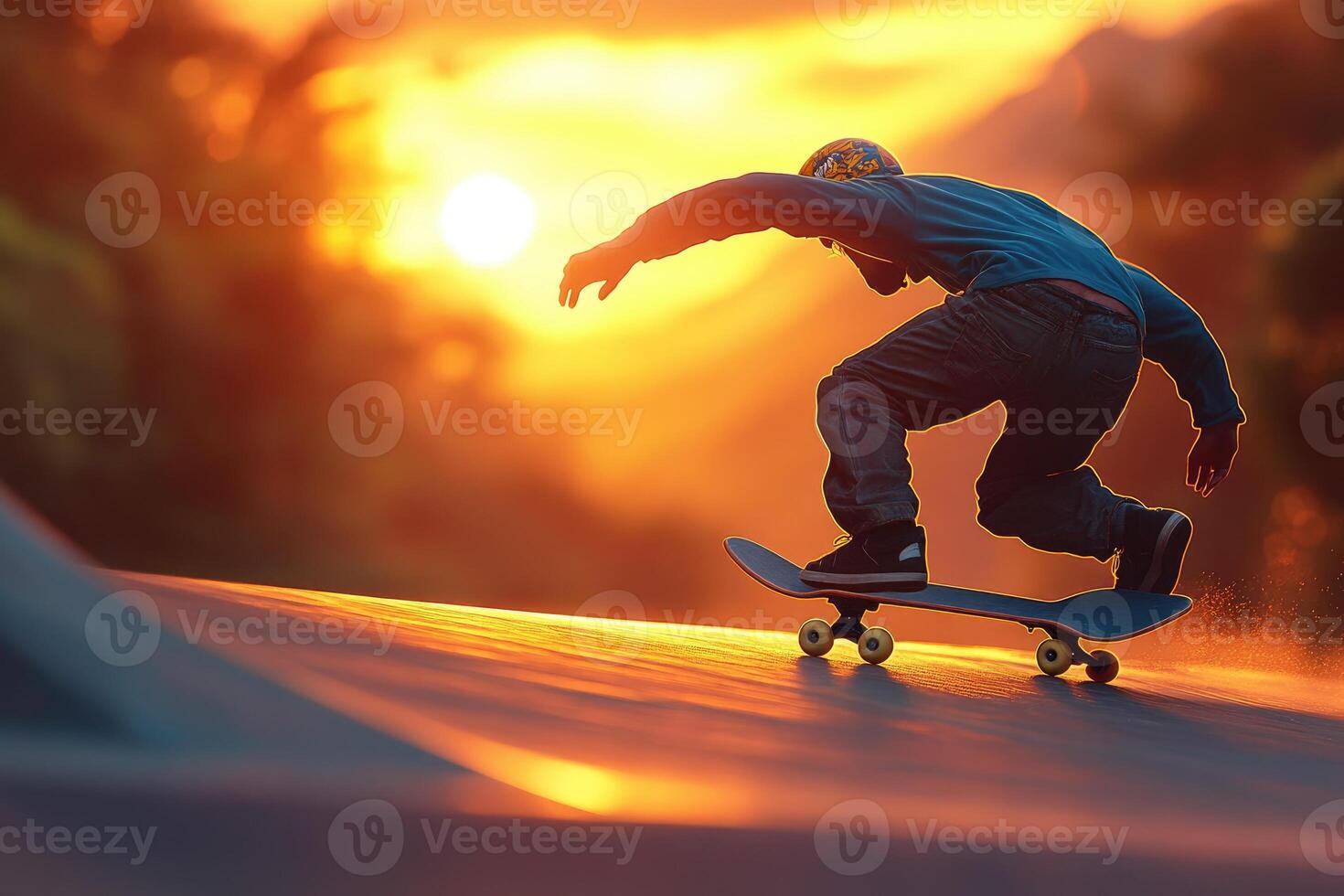 Dynamic skateboarder glides during golden sunset. photo