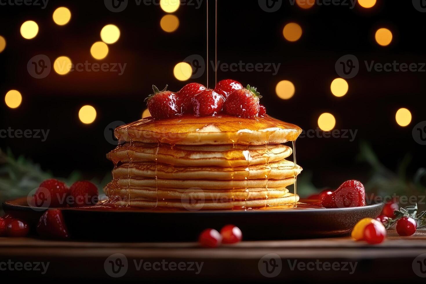 Stack of pancakes with syrup and strawberries on a plate photo
