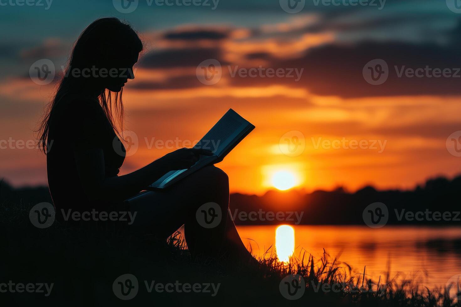Silhouette of a person reading a book at sunset by the water. photo