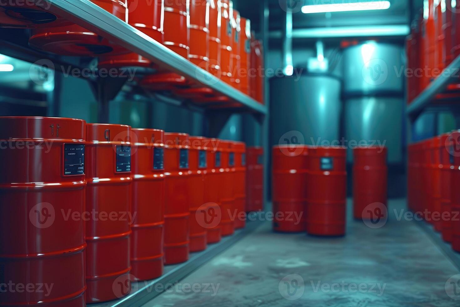 Rows of red industrial barrels arranged neatly inside a storage facility photo