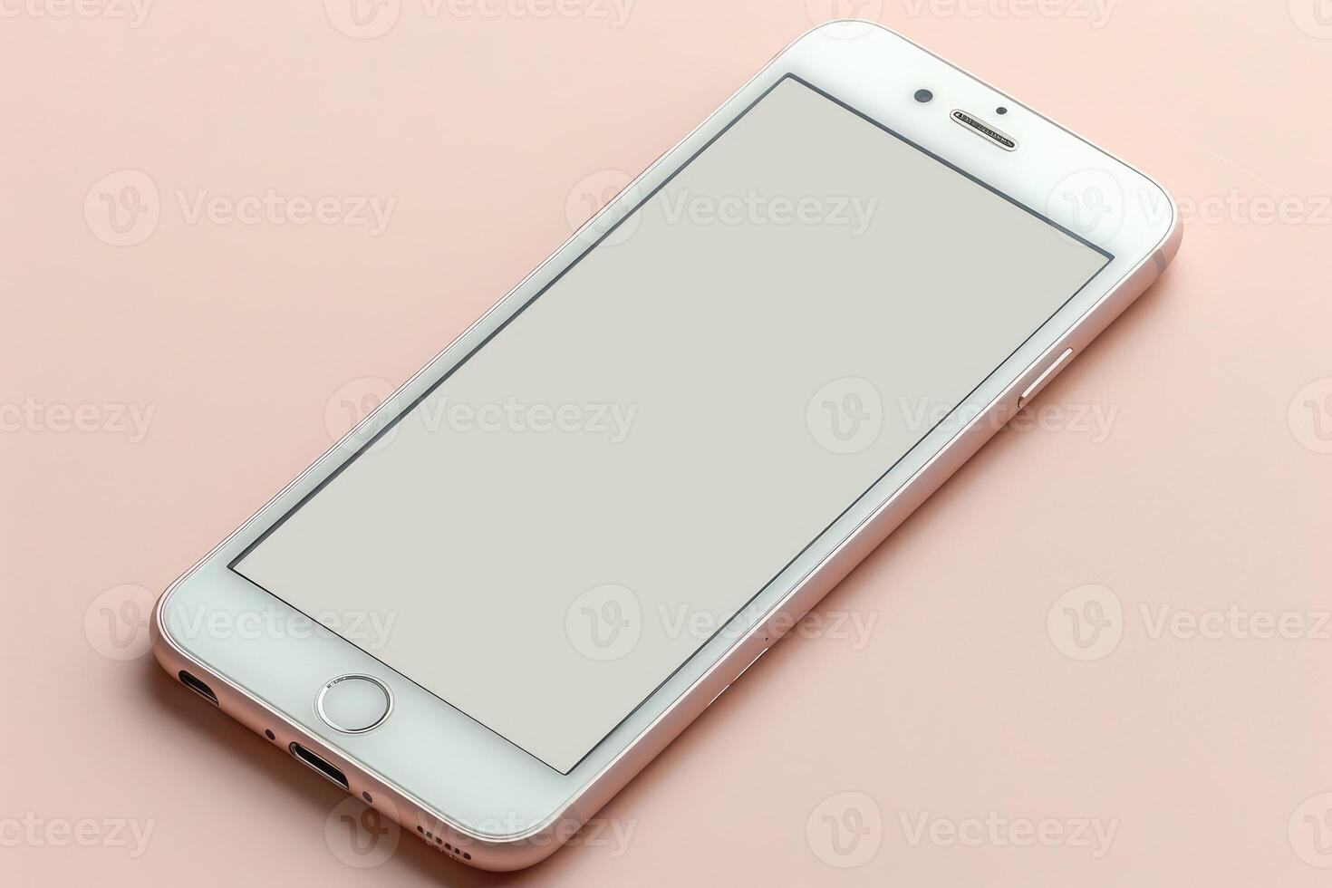 A white and rose gold smartphone laying on a plain surface photo