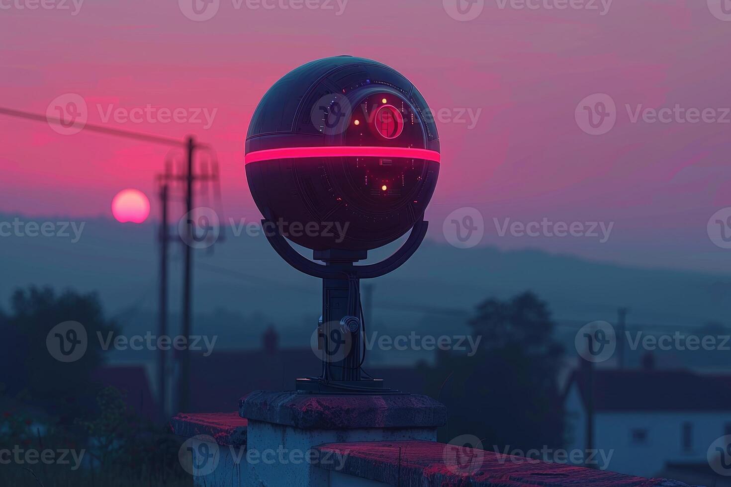 A futuristic sphere device against a vibrant sunset backdrop. photo
