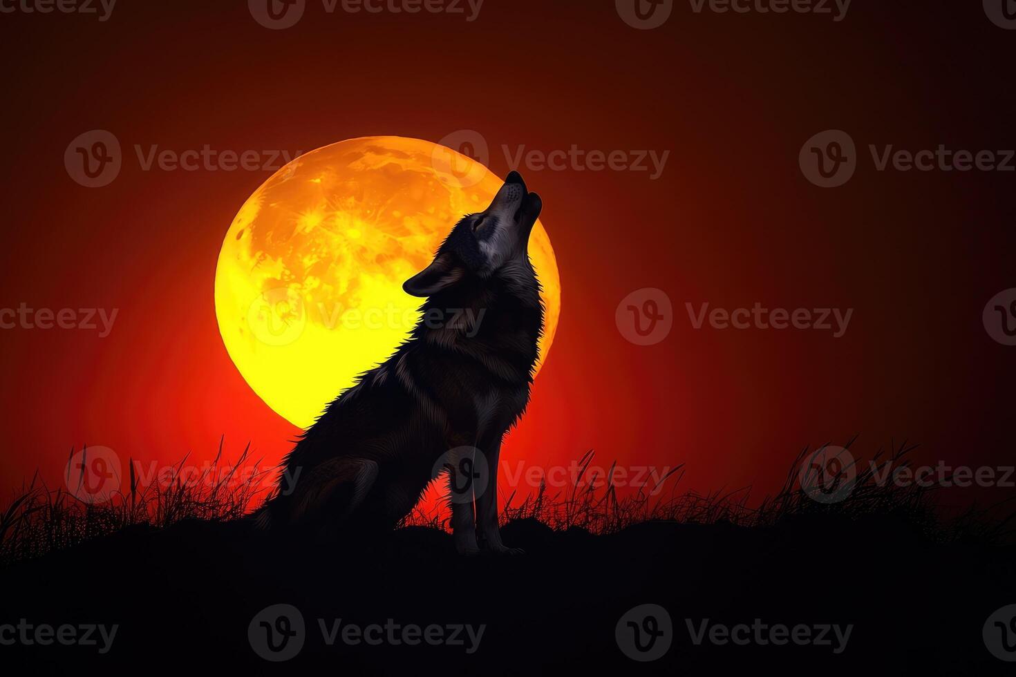 Silhouetted wolf howling at a fiery moon. photo