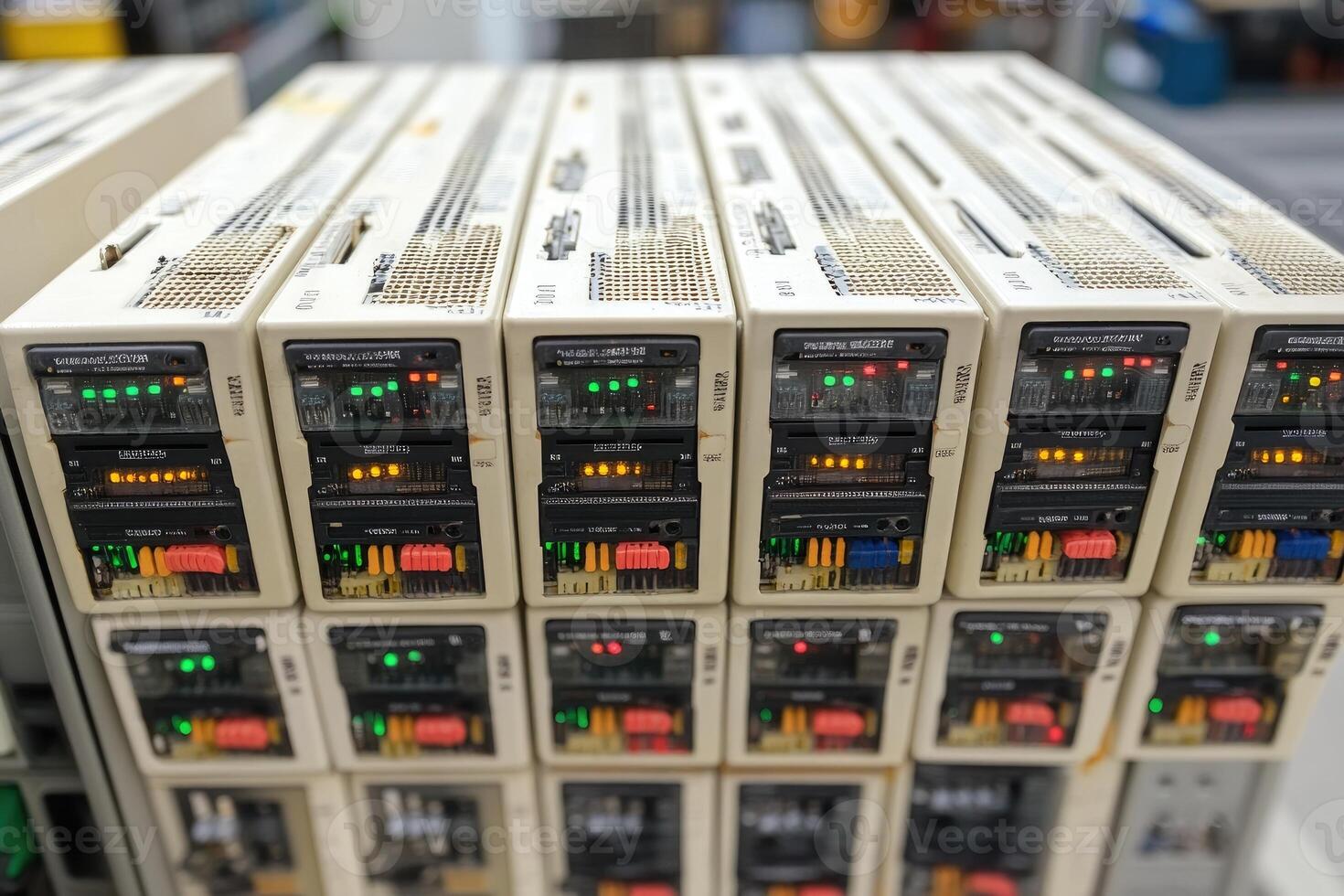 Stacked rows of beige electronic devices with various lights showing photo