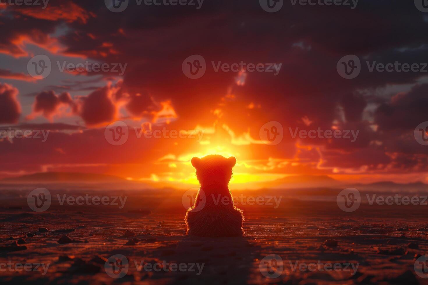 Silhouette of a young animal facing a vibrant sunset. photo