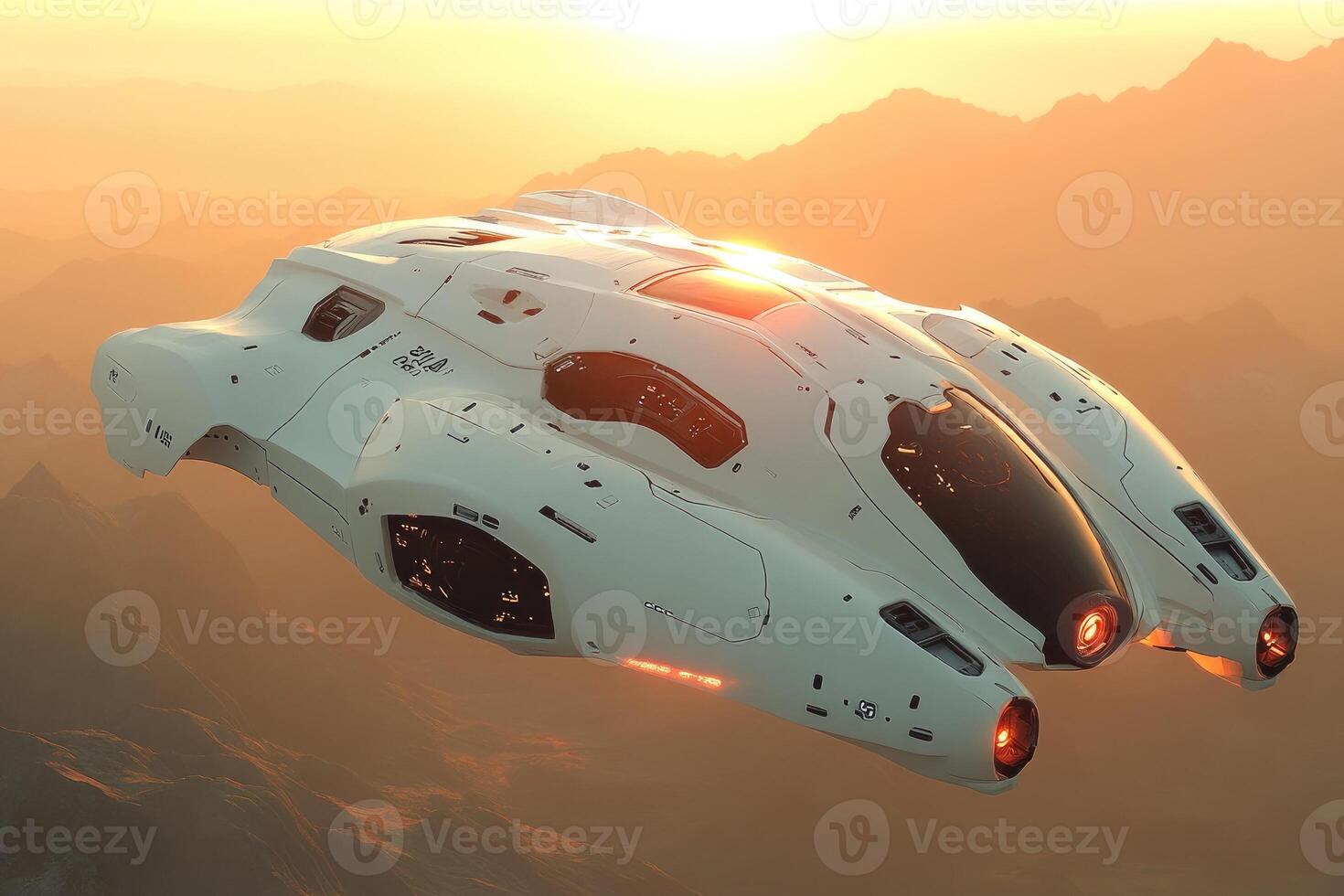 Futuristic spacecraft soaring above a sunlit landscape. photo