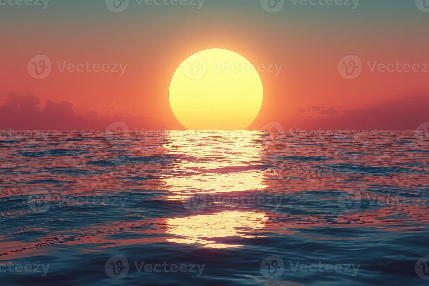 The large setting sun reflects brightly upon the vast ocean surface photo