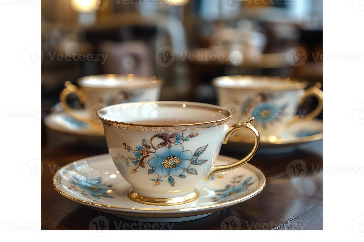 Three elegant china tea cups are arranged on a table photo