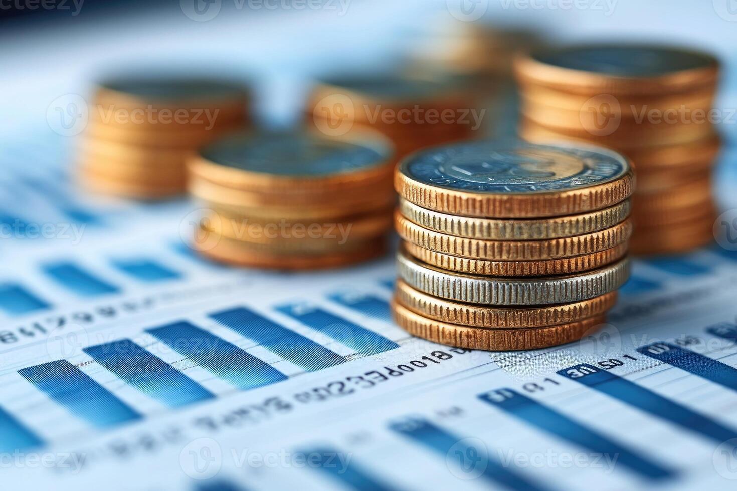 Stacks of coins are placed upon financial performance graphs photo