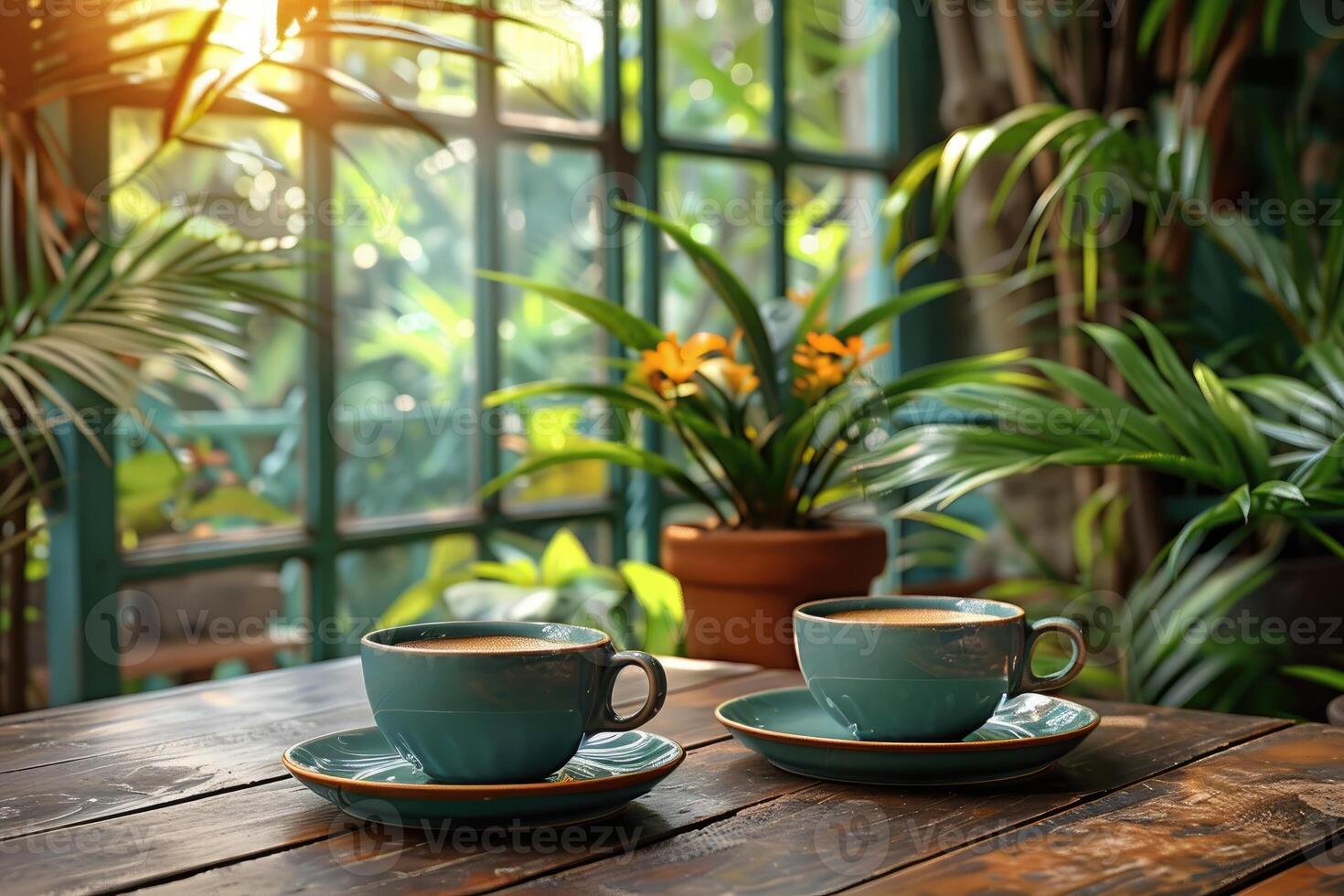 Two cups of coffee sitting on a rustic wooden table photo