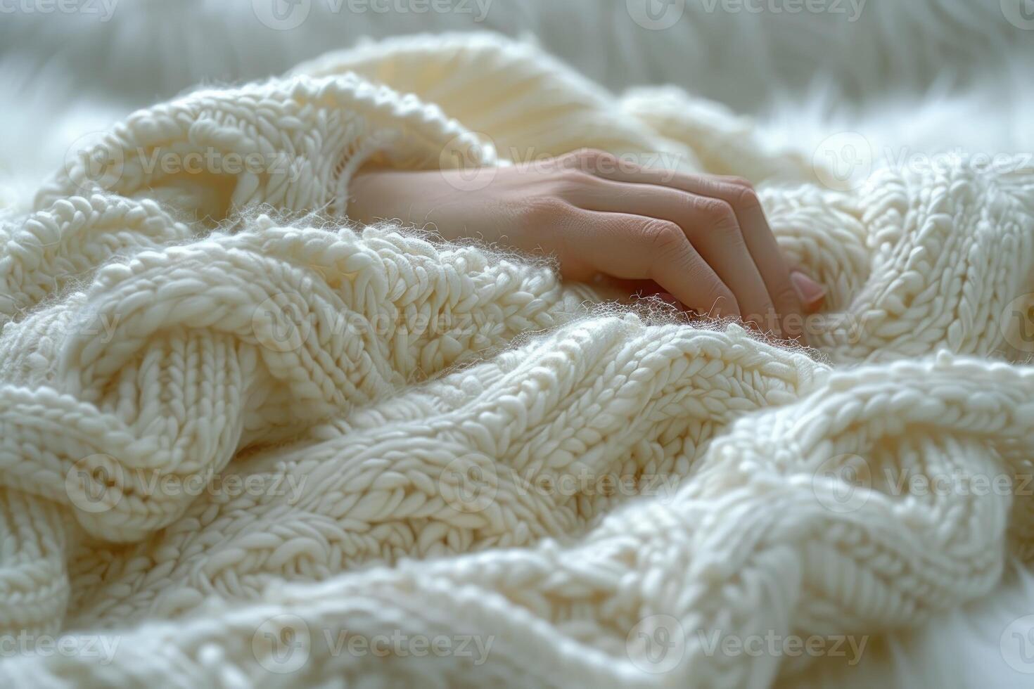 A delicate hand resting within a soft, textured knit sweater. photo