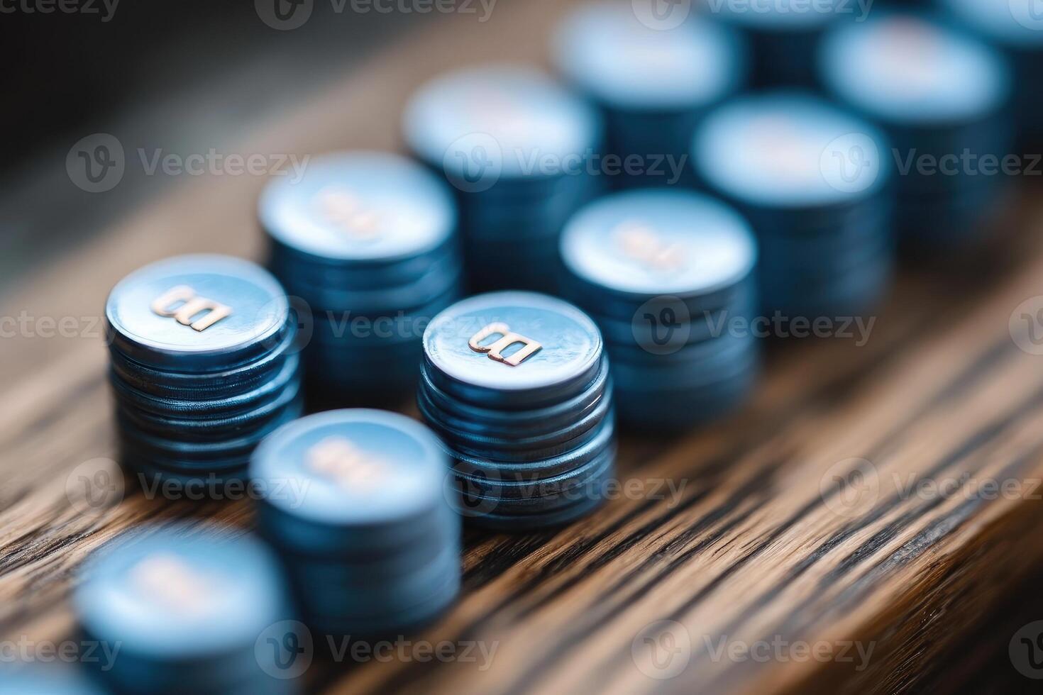Stacks of blue tokens with engraved letters are shown on wood grain photo