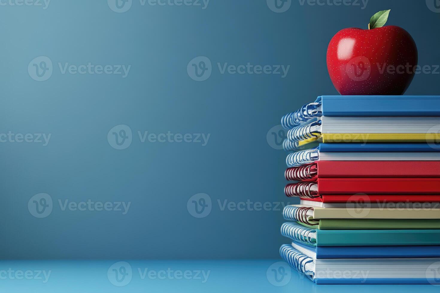 Stacked colorful notebooks and a red . photo