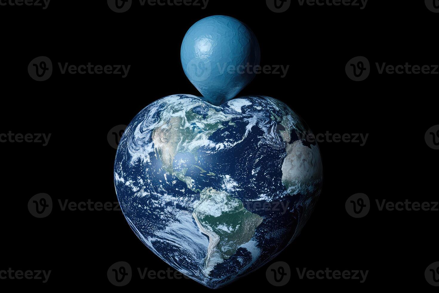 The Earth shaped like a heart with a blue sphere above photo