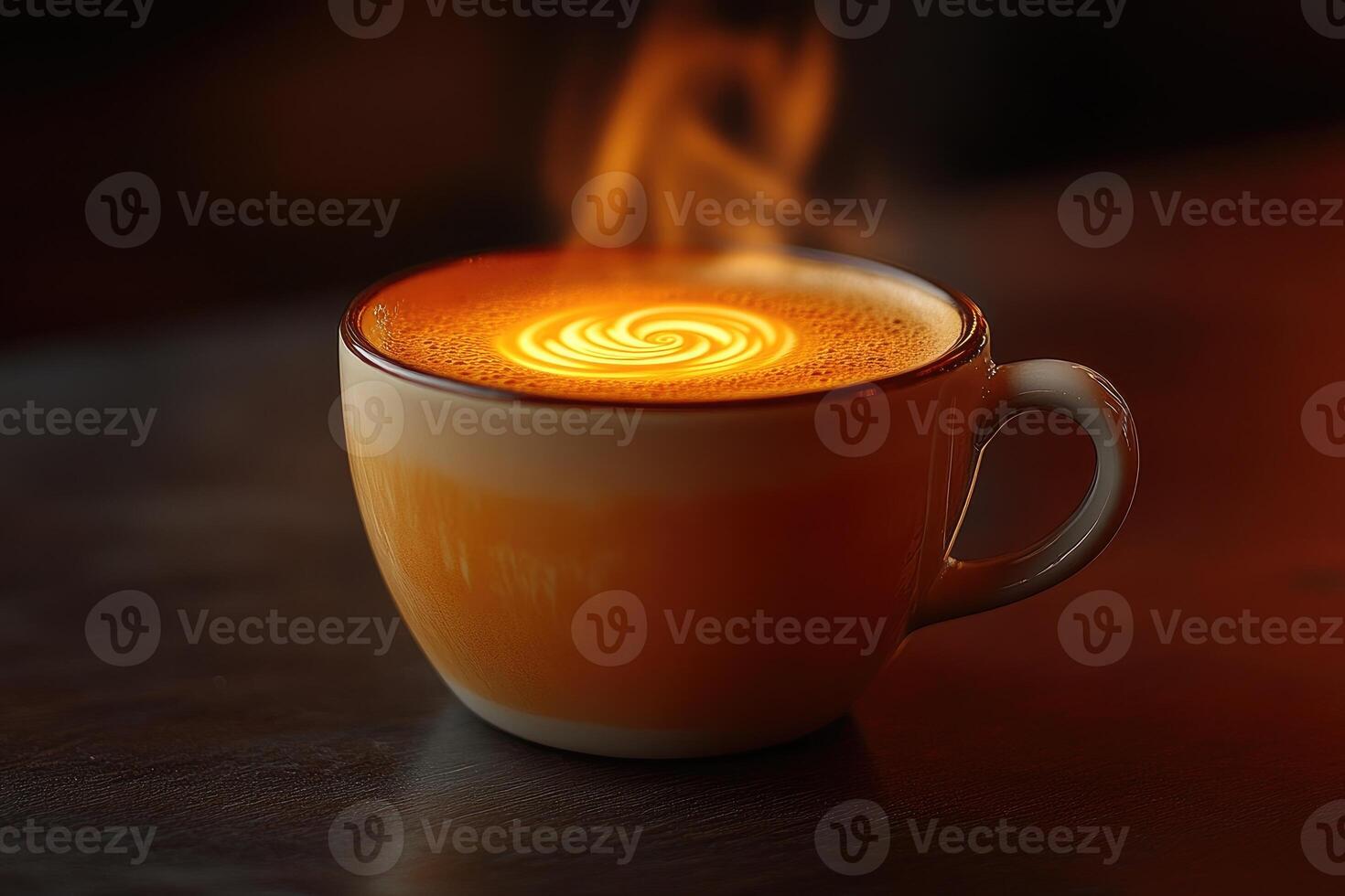 Steaming cup of coffee with a decorative spiral pattern design photo