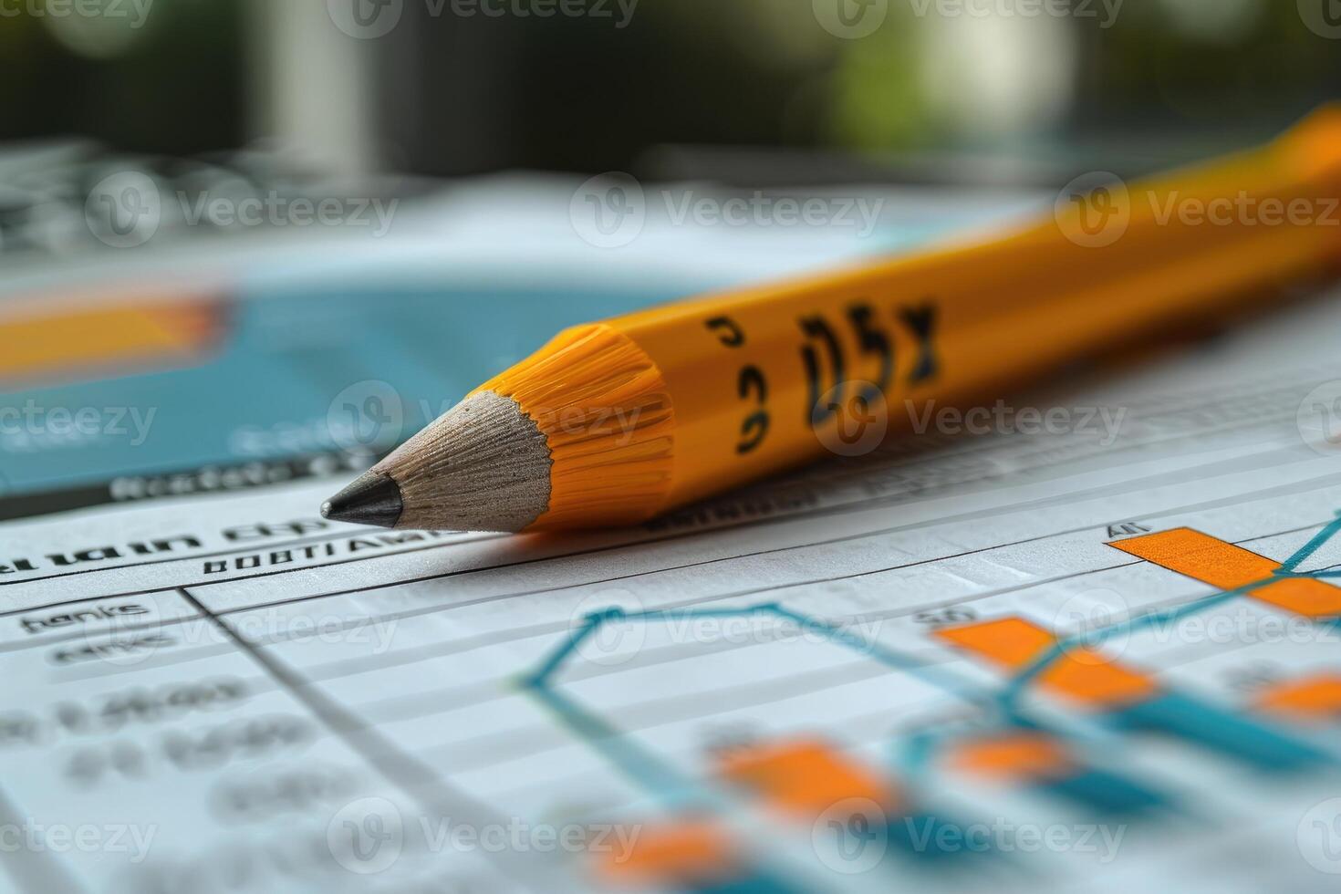 Yellow pencil lying on a document with charts and graphs photo