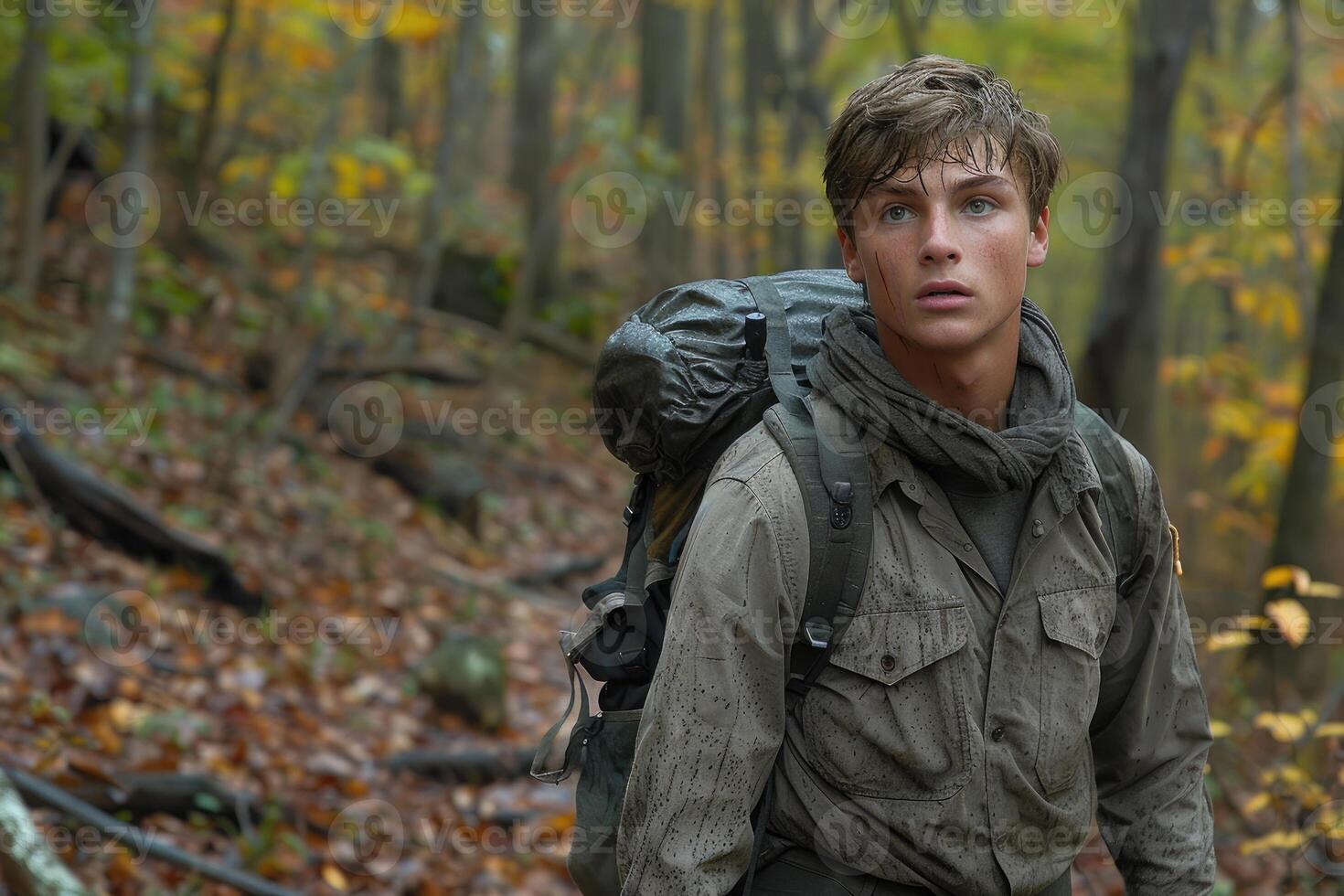 Young man carrying a backpack looks surprised in a forest setting photo