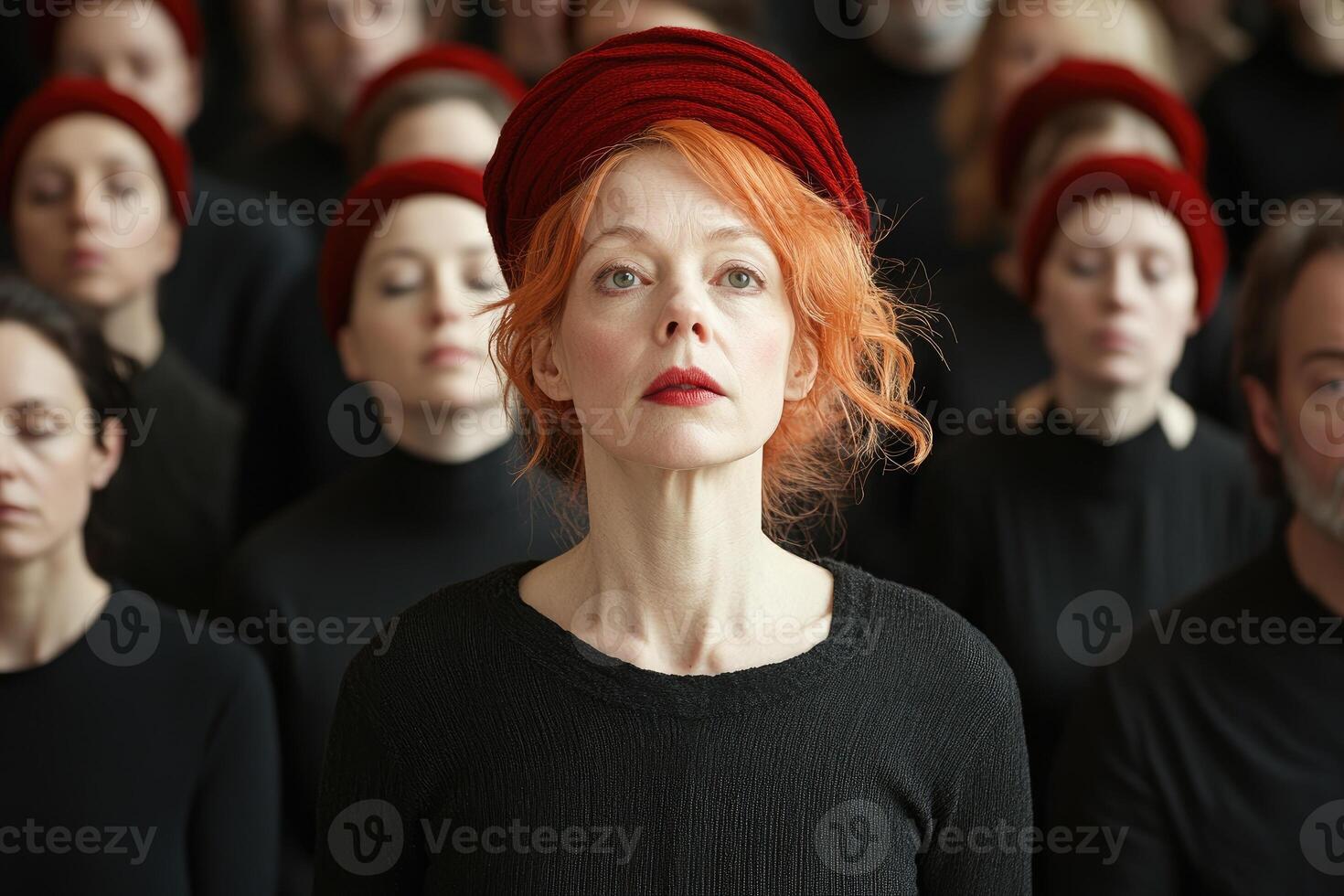 A woman in red stands out among a crowd of similar figures. photo