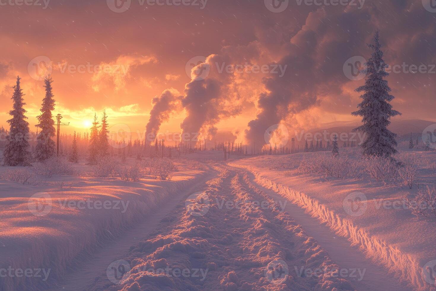 Snowy path through a winter landscape at sunset. photo