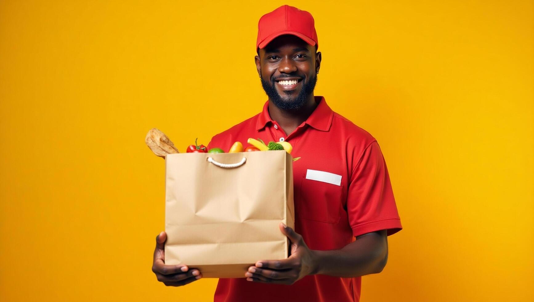 A smiling delivery man holding a paper bag with food photo