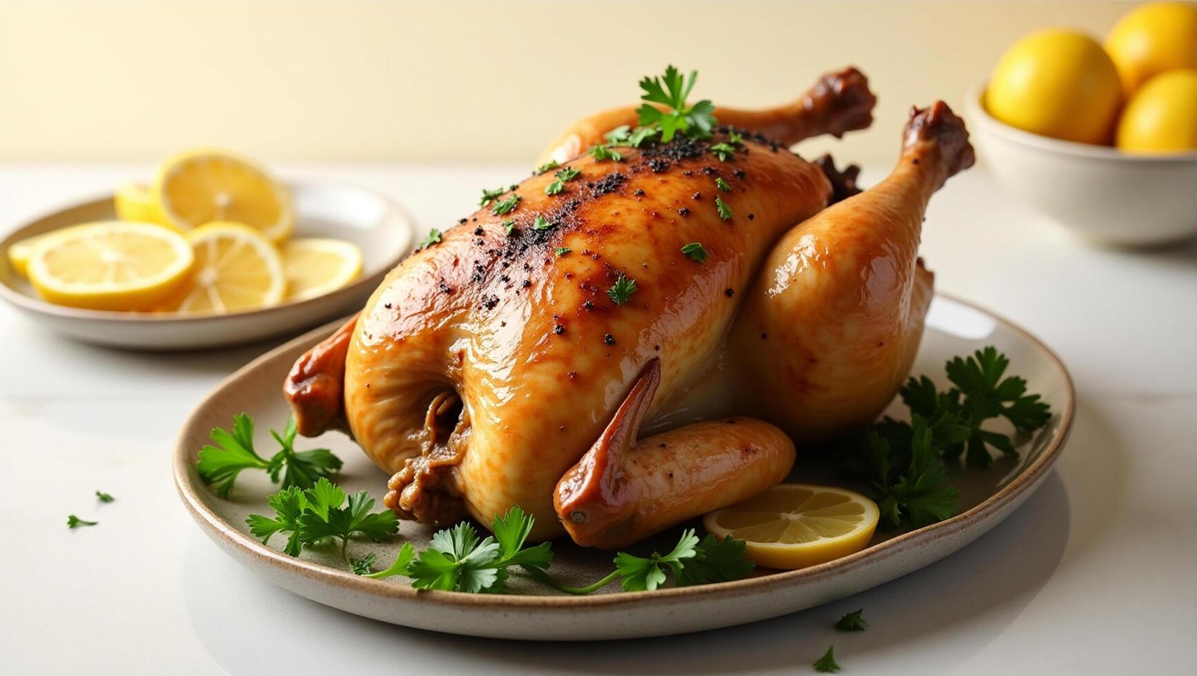 A chicken on a plate with lemons and parsley photo