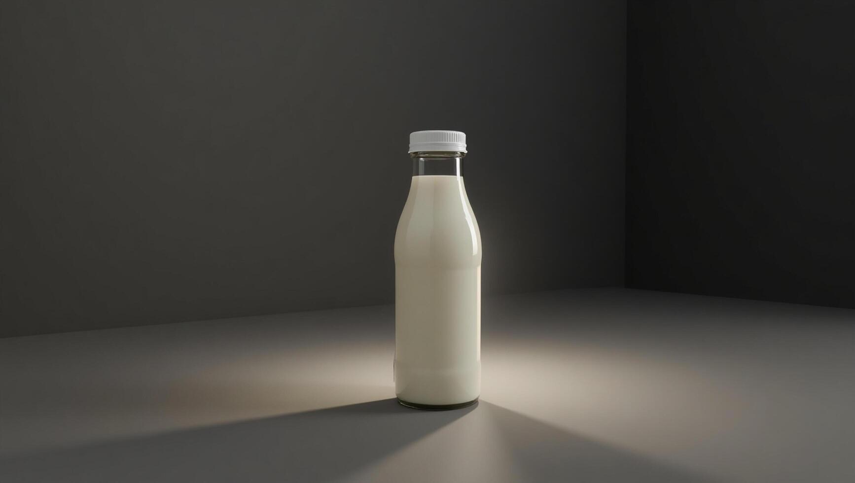 A bottle of milk on a table in front of a dark wall photo