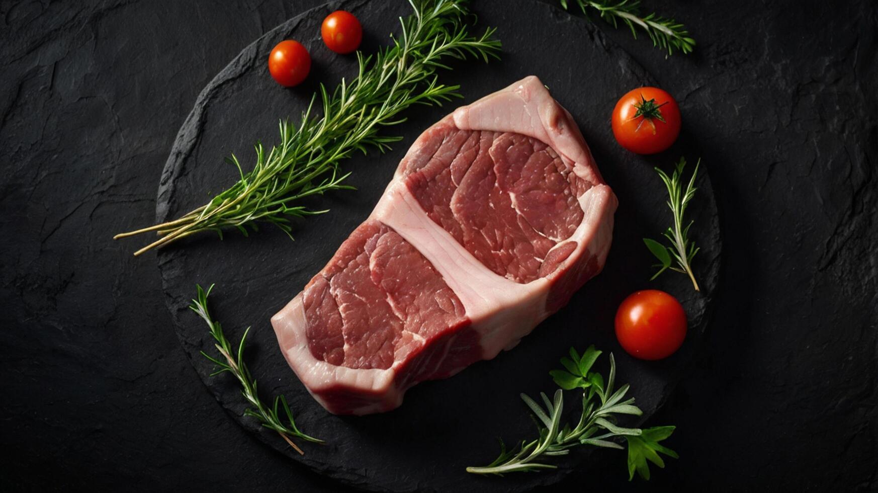 Raw beef steak with tomatoes and herbs on a black slate photo