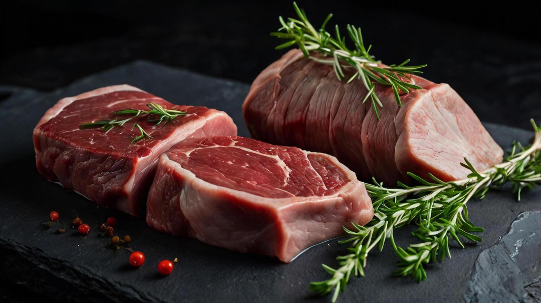 Two raw beef steaks on a black slate photo