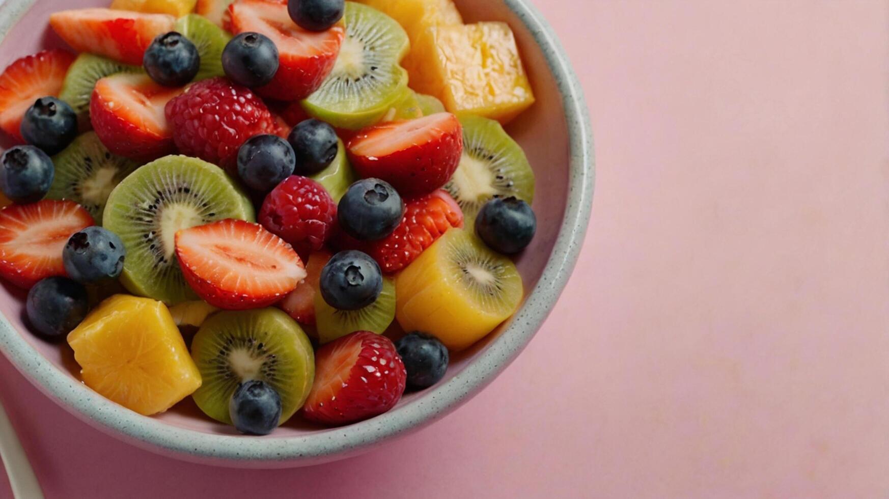 A bowl of fruit with strawberries, blueberries, kiwis, and raspberries photo