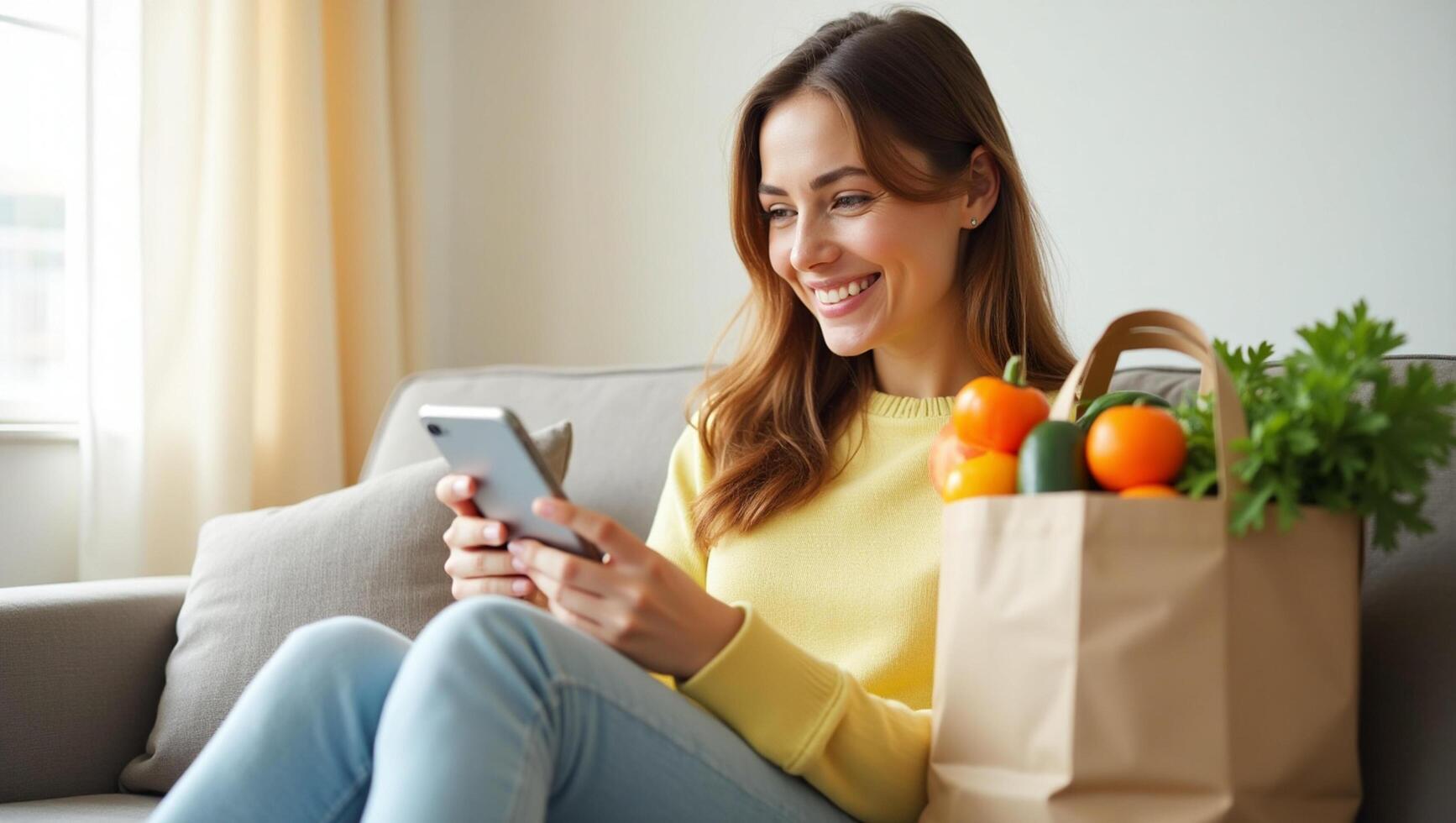 Woman using smartphone while sitting on couch with shopping bag and fruits photo
