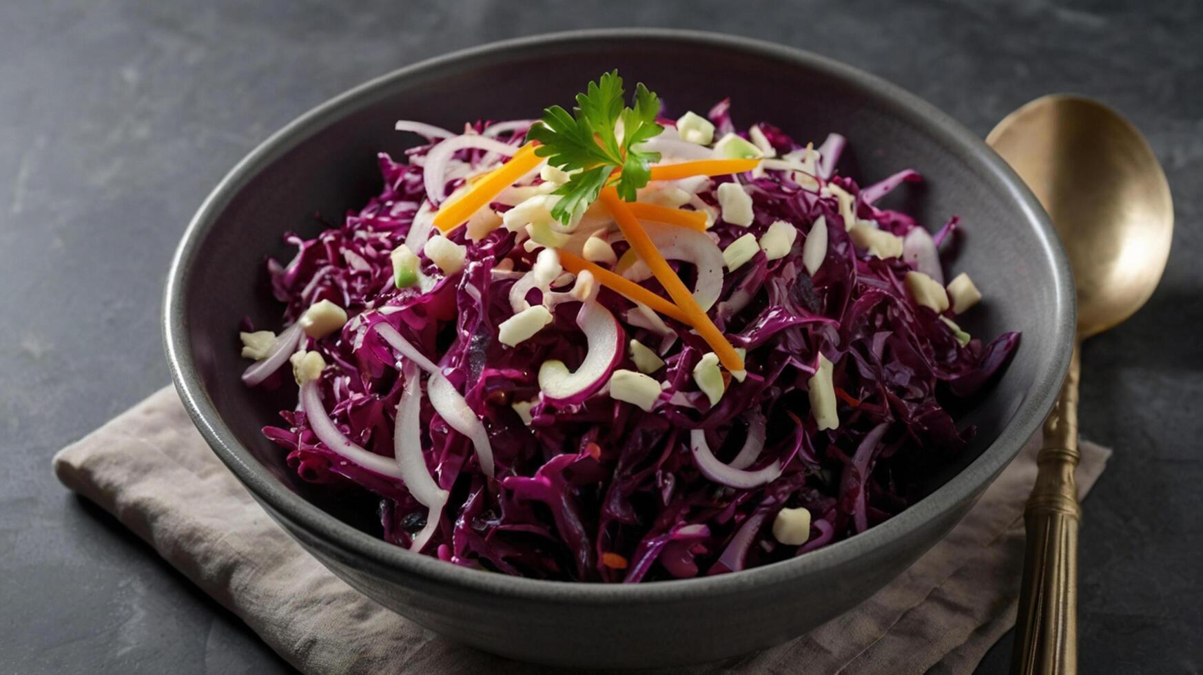 A bowl of red cabbage salad with carrots and onions photo