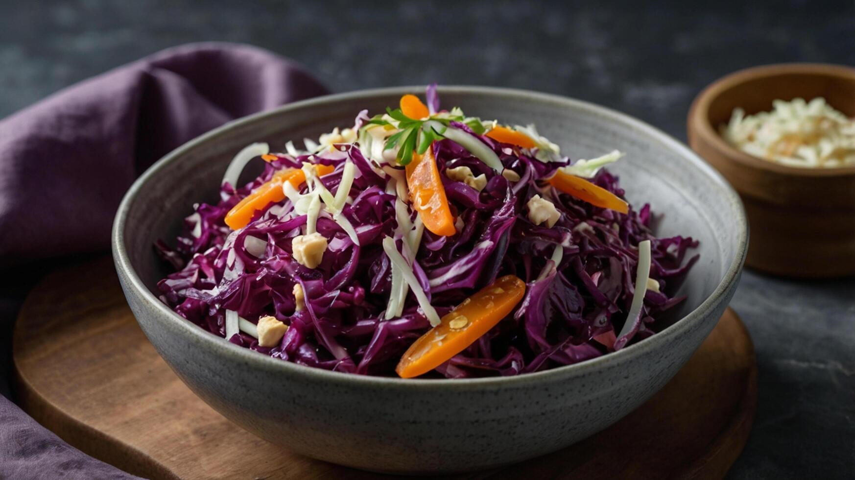 A bowl of purple cabbage salad with carrots and nuts photo
