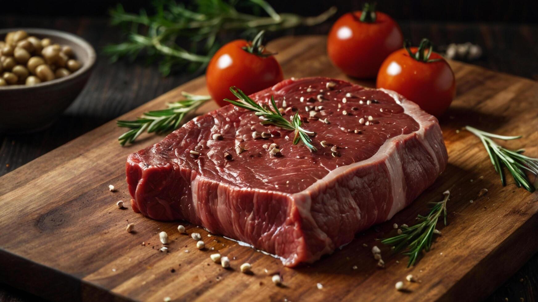Raw beef steak on wooden cutting board with tomatoes and herbs photo