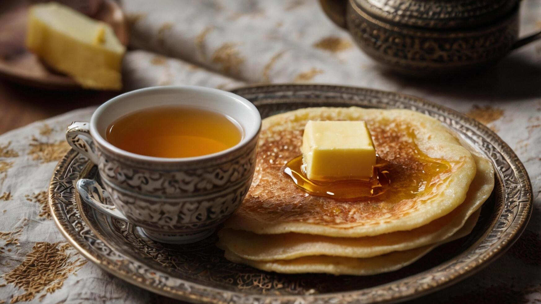 A plate with pancakes and butter on it photo