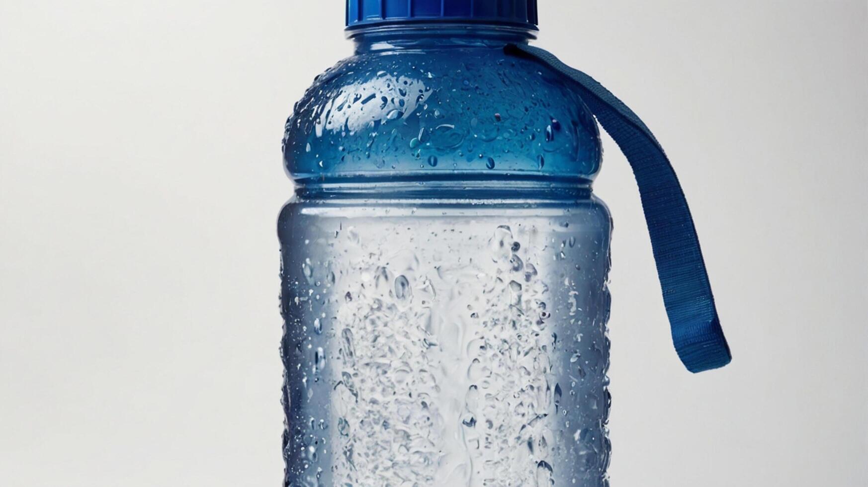 A blue plastic water bottle with a blue handle photo