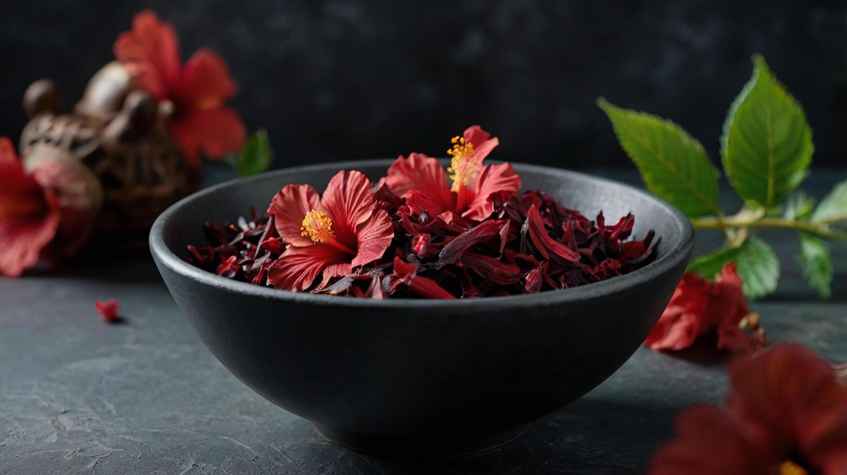 A bowl filled with red hibiscus flowers and leaves photo