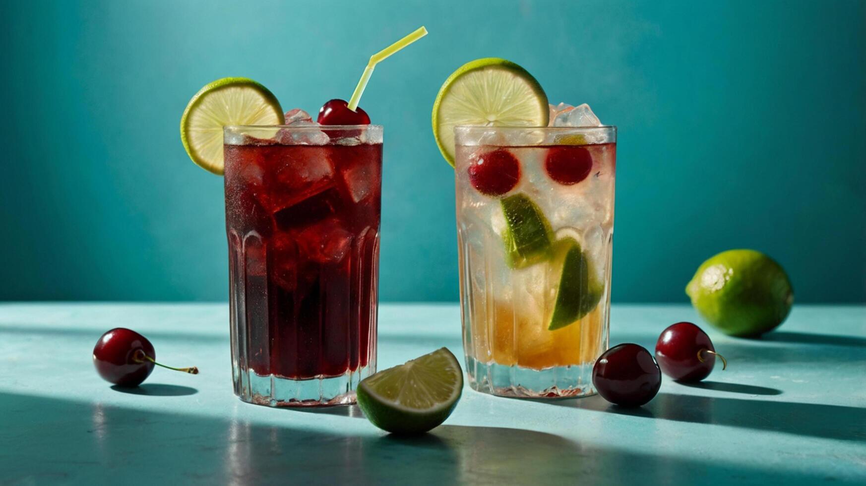 Two glasses of alcoholic drinks with cherries and lime photo
