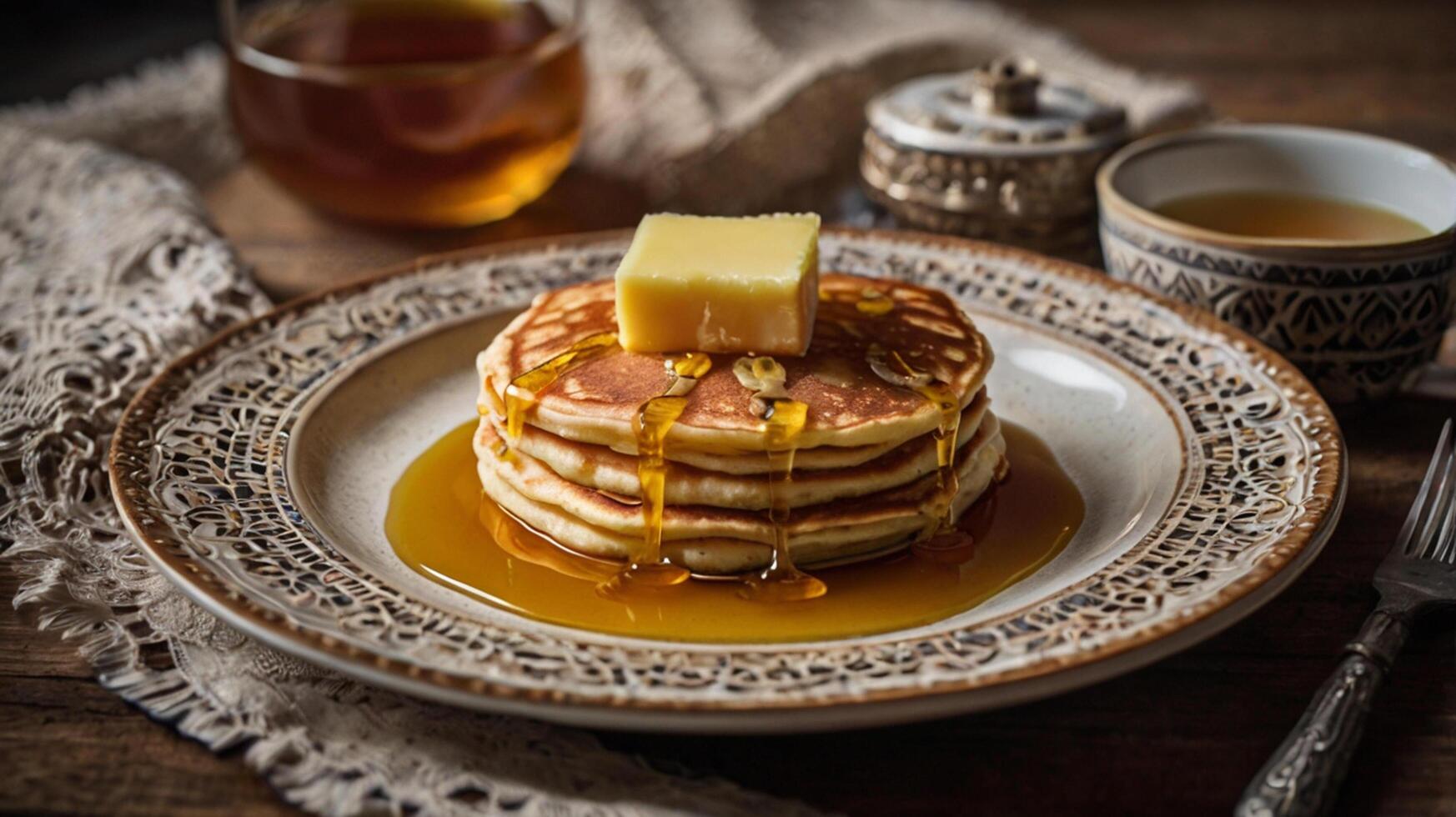 Pancakes with butter and syrup on a plate photo