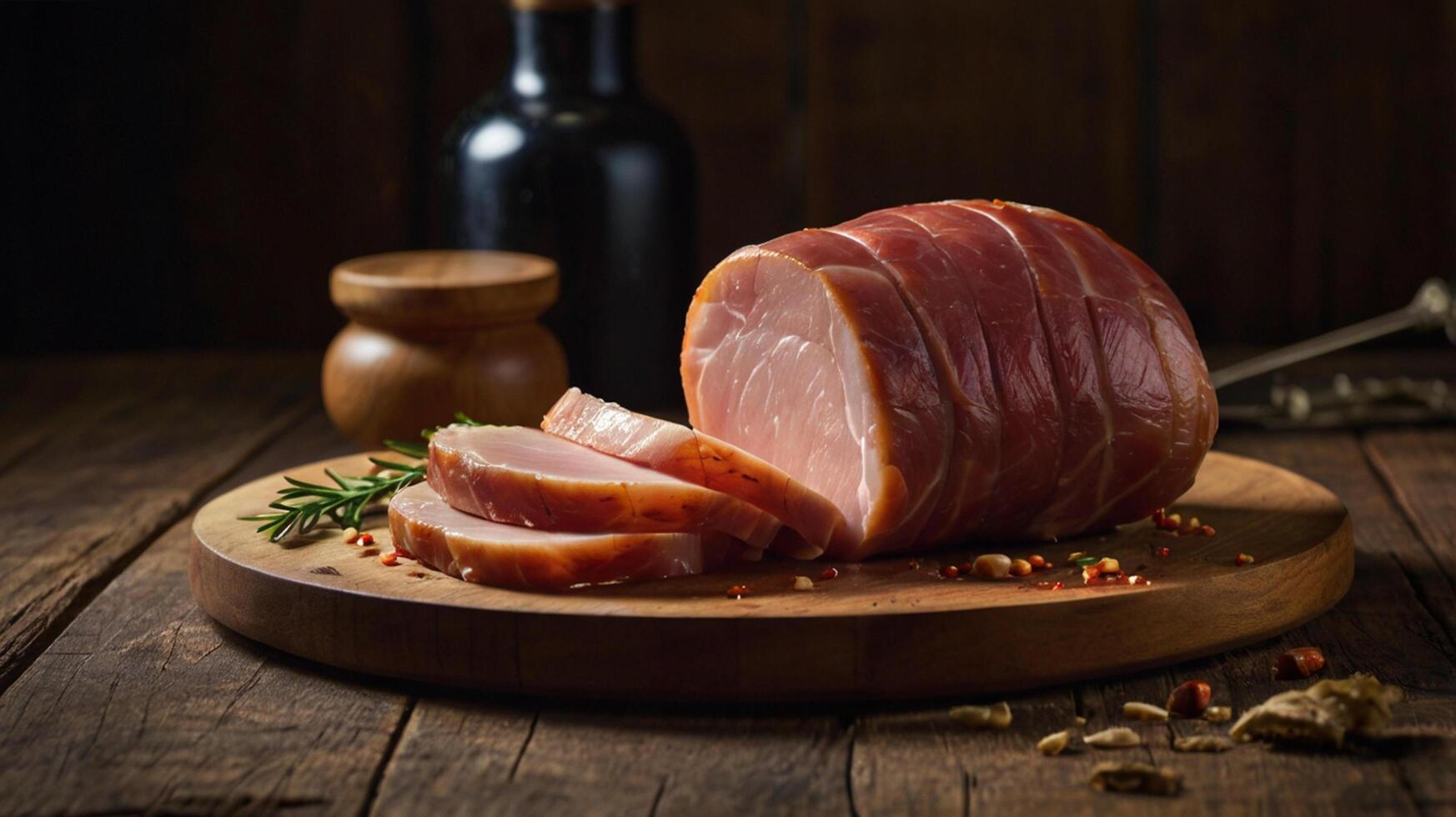 Sliced ham on wooden cutting board with bottle of wine photo