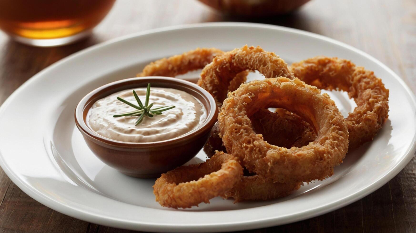A plate with onion rings and dip on it photo