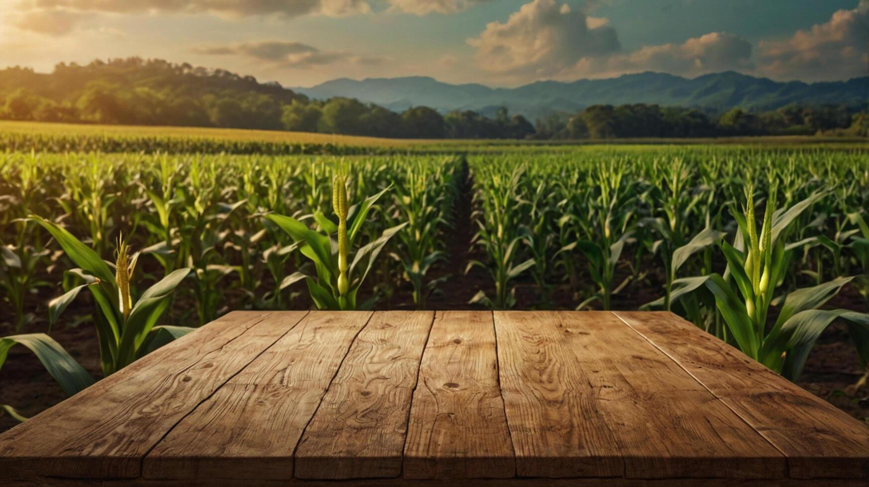 Wooden table in corn field at sunset photo