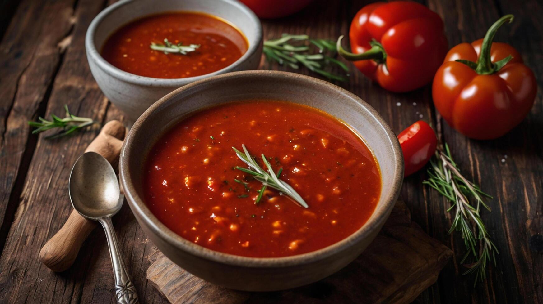 Two bowls of tomato soup with spoons and tomatoes photo