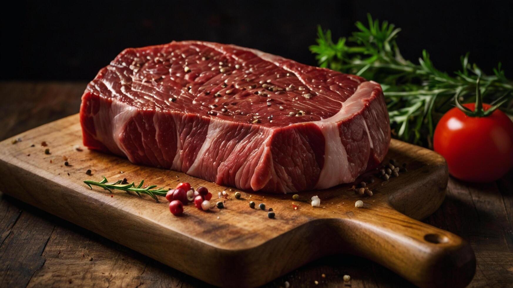 Raw beef steak on wooden cutting board with herbs and spices photo