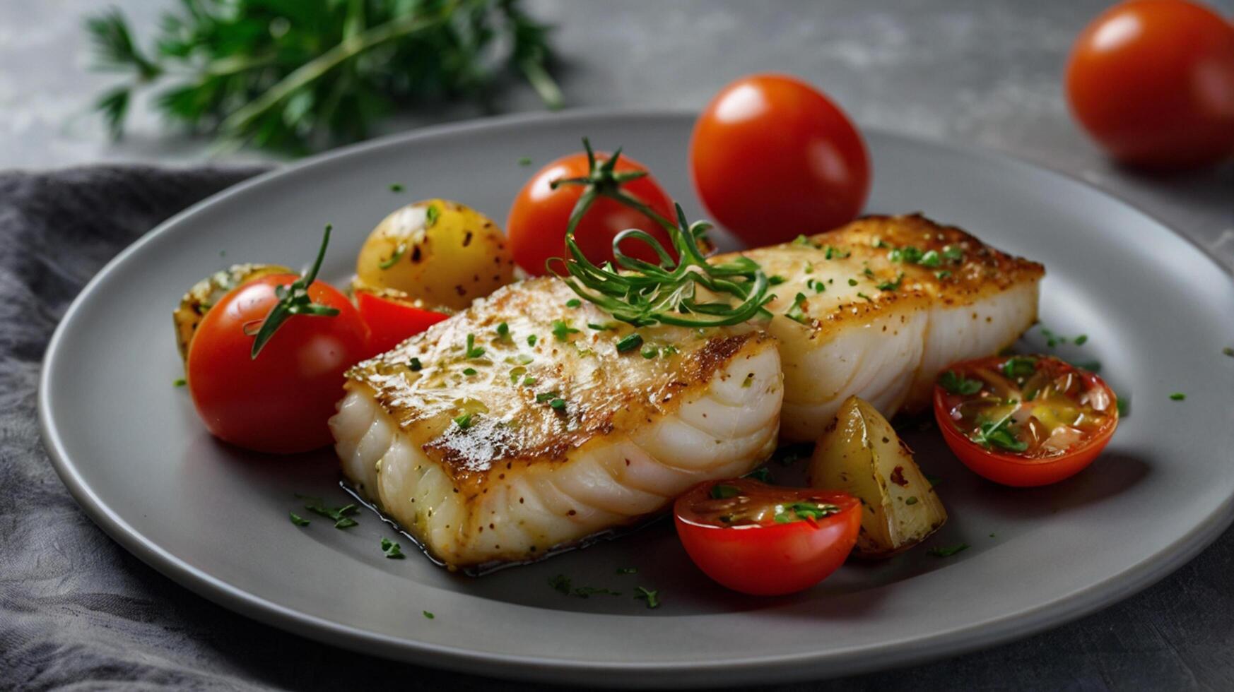 Grilled fish fillet with tomatoes and herbs on a gray plate photo