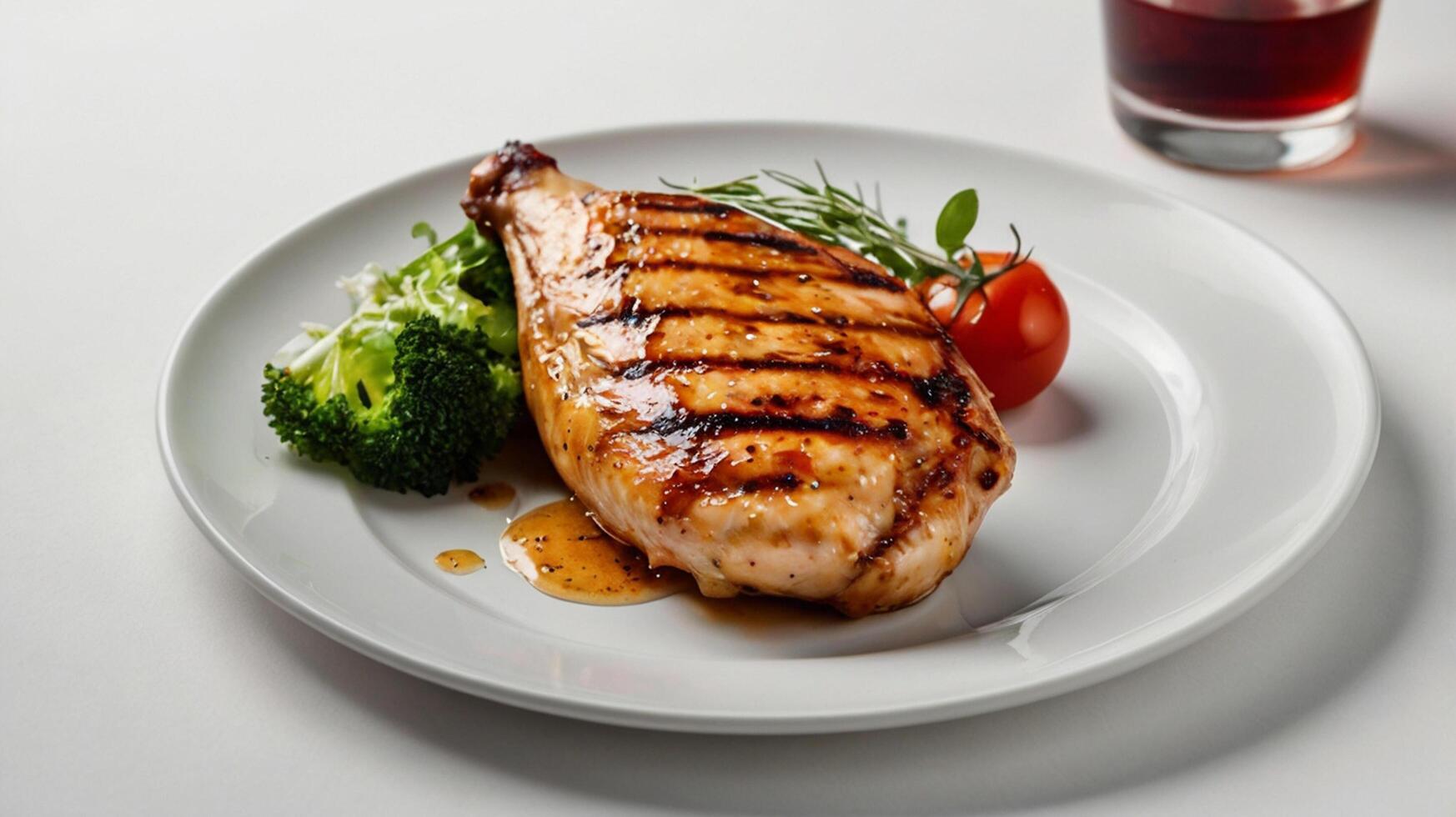 Grilled chicken breast with broccoli and tomato on white plate photo