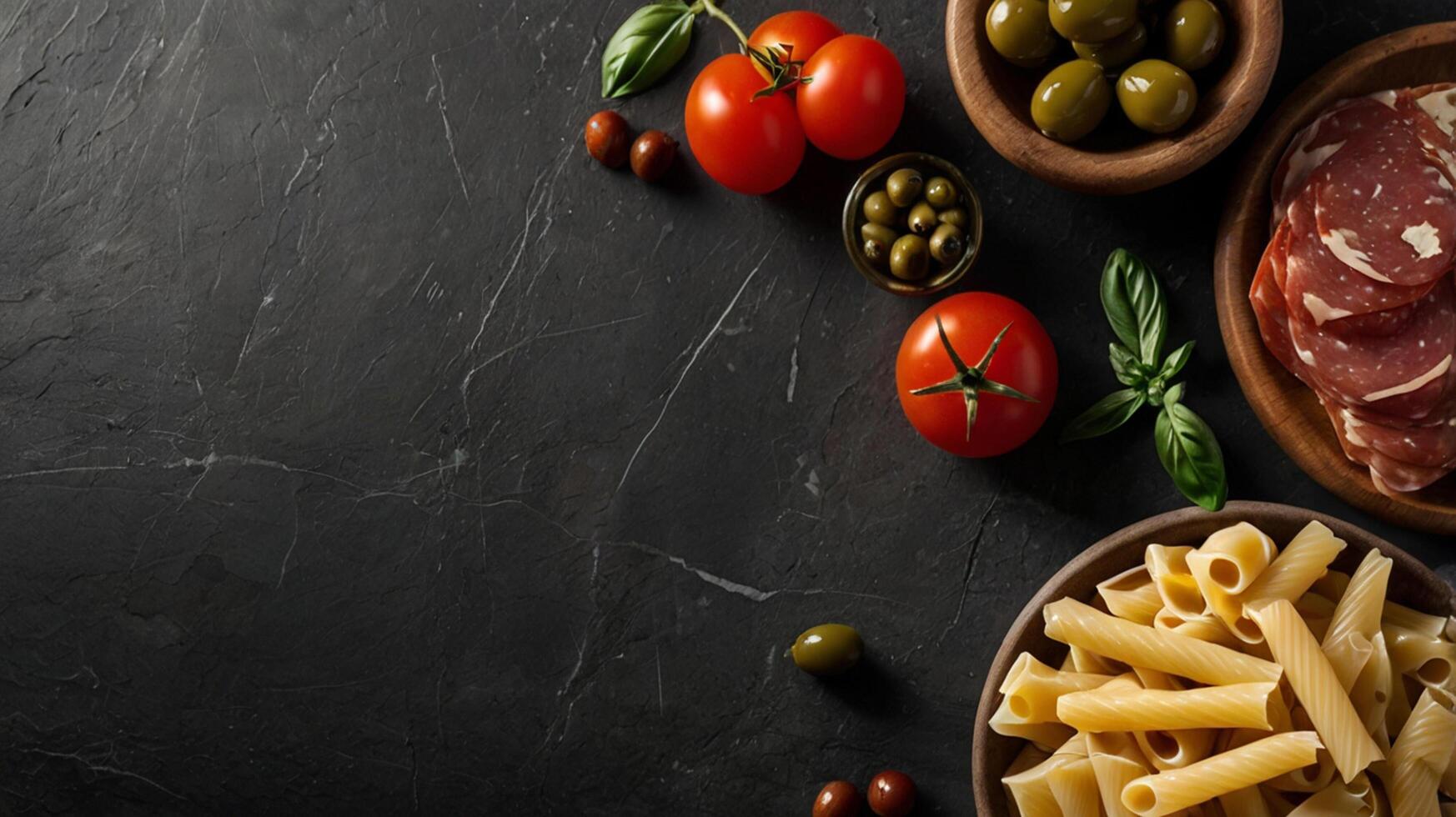 Italian food with pasta, meat and olives on dark background photo