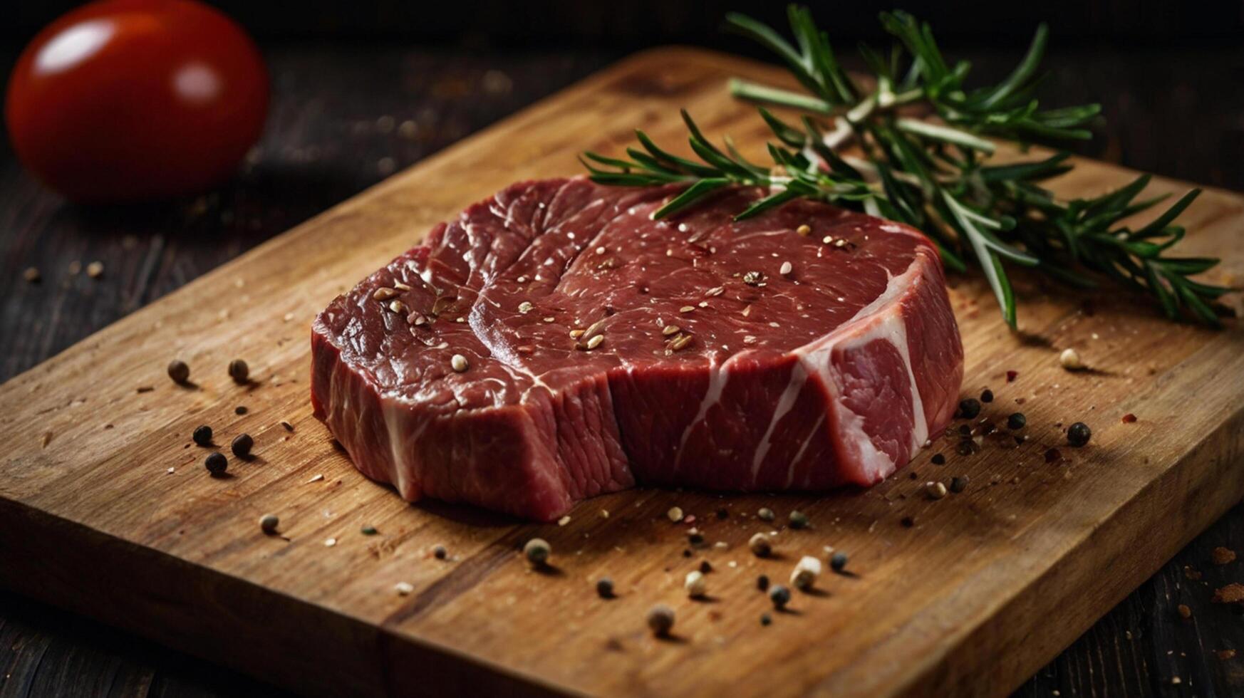 Raw beef steak on wooden cutting board with rosemary and spices photo