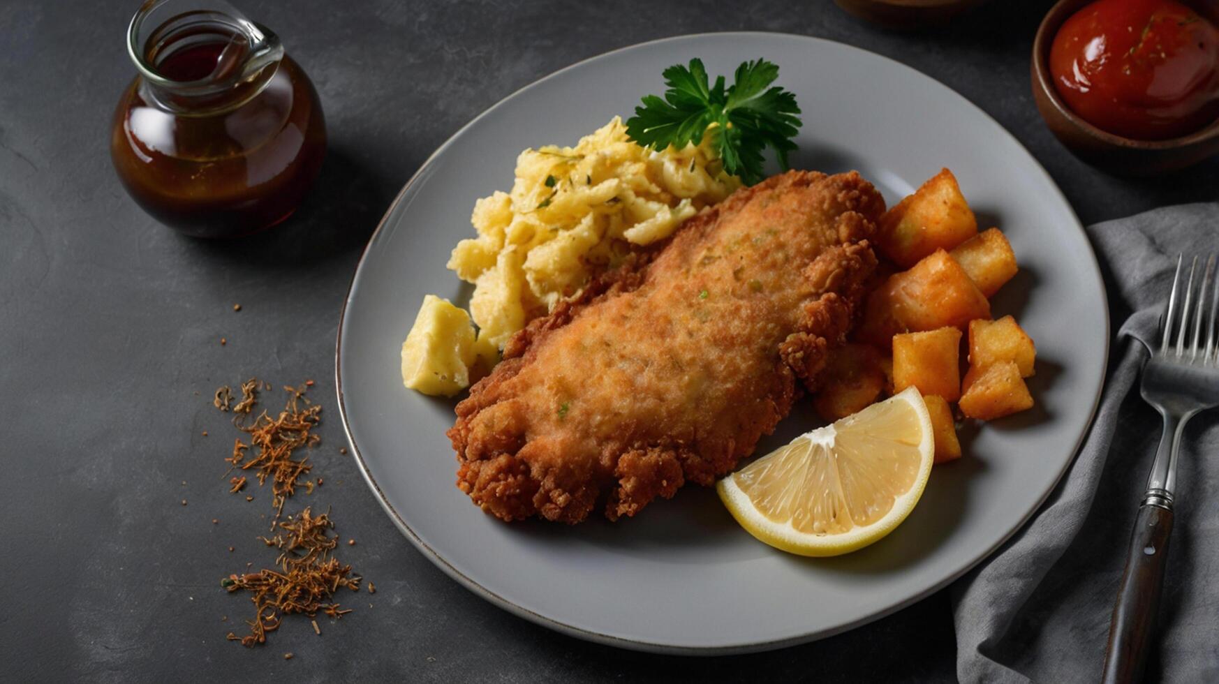 Fried chicken and potatoes on a plate with a lemon wedge photo